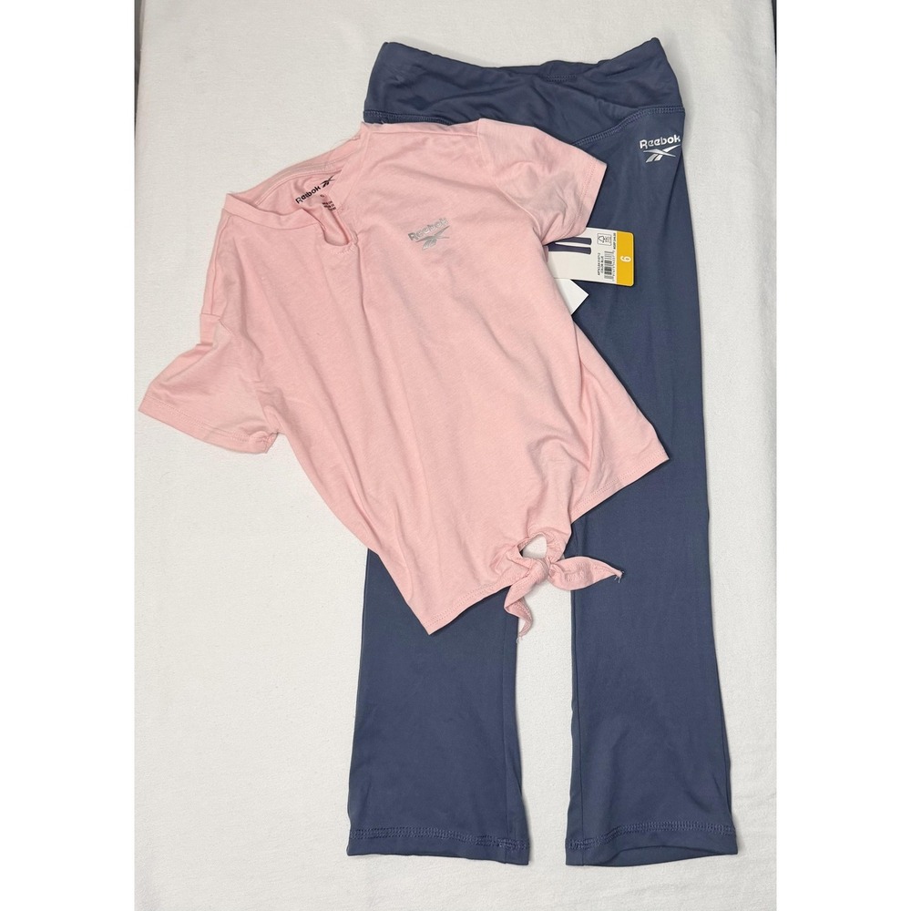 Reebok Active Outfit Set Girls 6 Pink Blue Tie Front‎ Tee Pants Elastic Waist - Picture 8 of 10